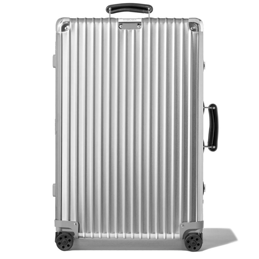 リモワ「Classic チェックイン M」シルバー、1週間の旅に選ぶレザーハンドル付きアルミケース